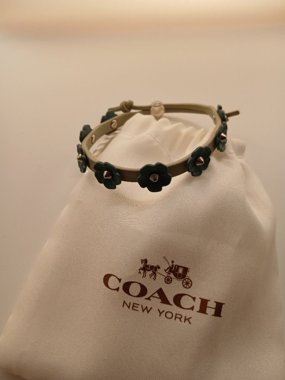 Adjustable Coach Leather Flower Bracelet in Teal with Silver Accents